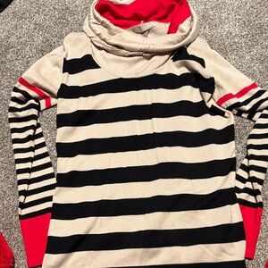 One A Black and Cream Striped Long Sleeve Top with Red Accents